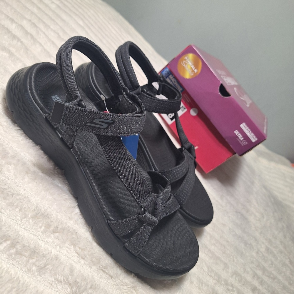 Skechers Go Walk Flex Sublime Strappy Sandals Womens 8 Blk GOGA MAT COMFORT